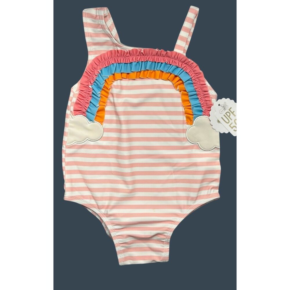 Mud Pie 12-18m swim suit bathing 1 piece Rainbow Applique pink pool beach summer